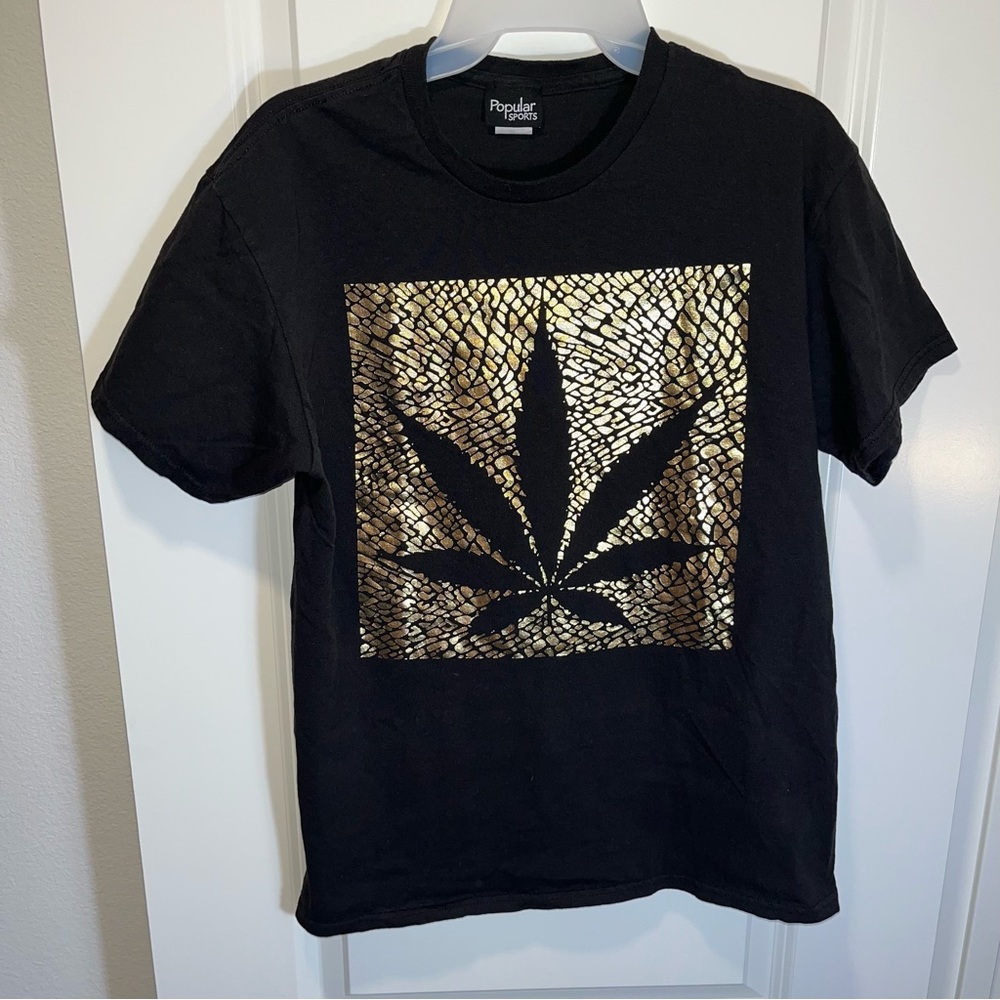 Popular sports gold Canabis black T-shirt men size M short sleeves 100%cotton